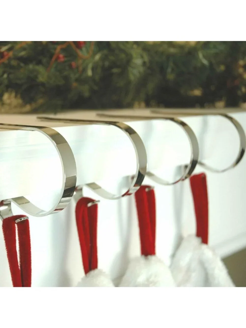 The Original Mantle Clip Set 4 Red Chrome Christmas Stocking Hangers Holders